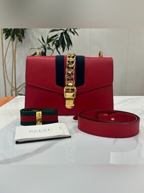Gucci Red Leather Shoulder Bag with Gold Hardware and Navy Stripe